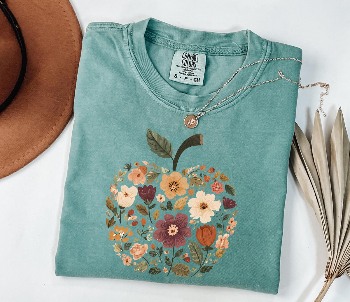 Teacher Fall Comfort Colors® T-Shirt, Floral Apple Teacher Tee, Back to School Gift Tees