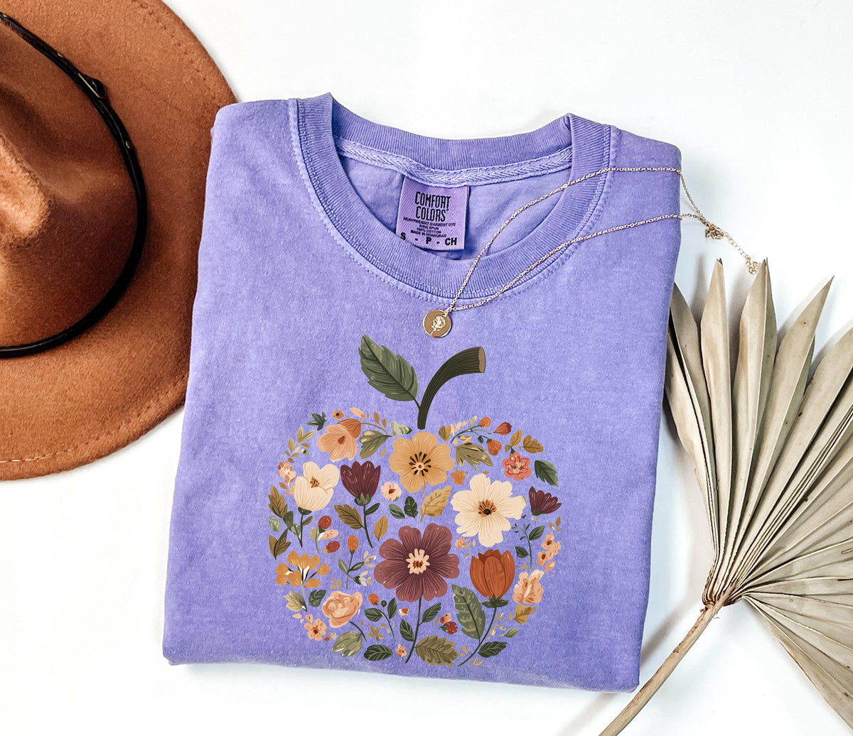 Teacher Fall Comfort Colors® T-Shirt, Floral Apple Teacher Tee, Back to School Gift Tees