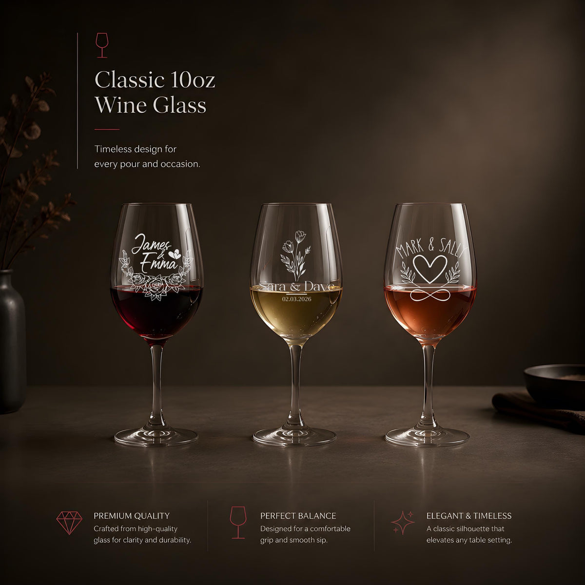 Personalized Engraved Wine Glass, Custom Wedding Gift, Laser Etched Stemware
