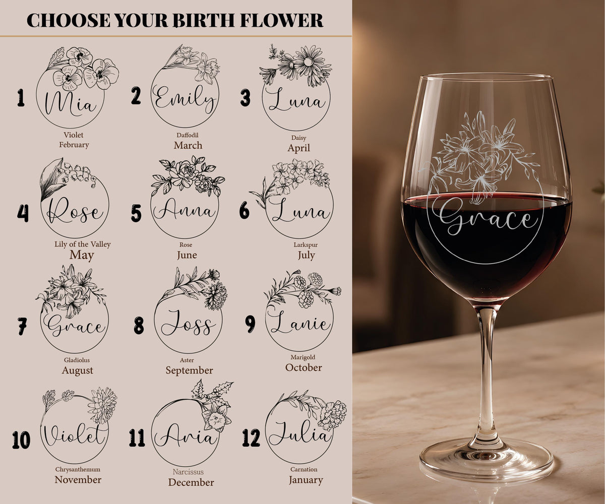 Personalized Engraved Wine Glass, Custom Botanical Name Cup, Bridesmaid Proposal Gift