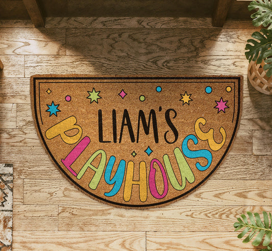 Custom Playhouse Doormat, Colorful Play House Welcome Mat, Kids Name Play Room Rug