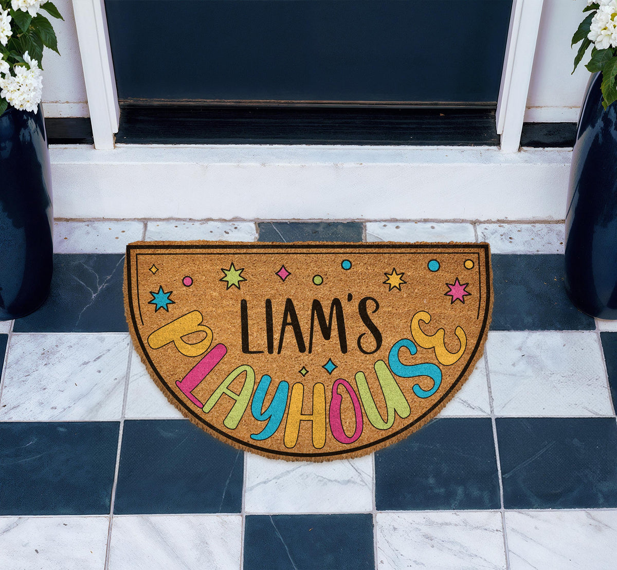 Custom Playhouse Doormat, Colorful Play House Welcome Mat, Kids Name Play Room Rug