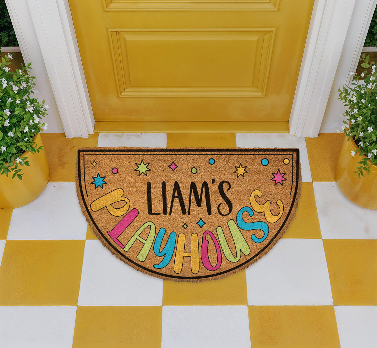 Custom Playhouse Doormat, Colorful Play House Welcome Mat, Kids Name Play Room Rug