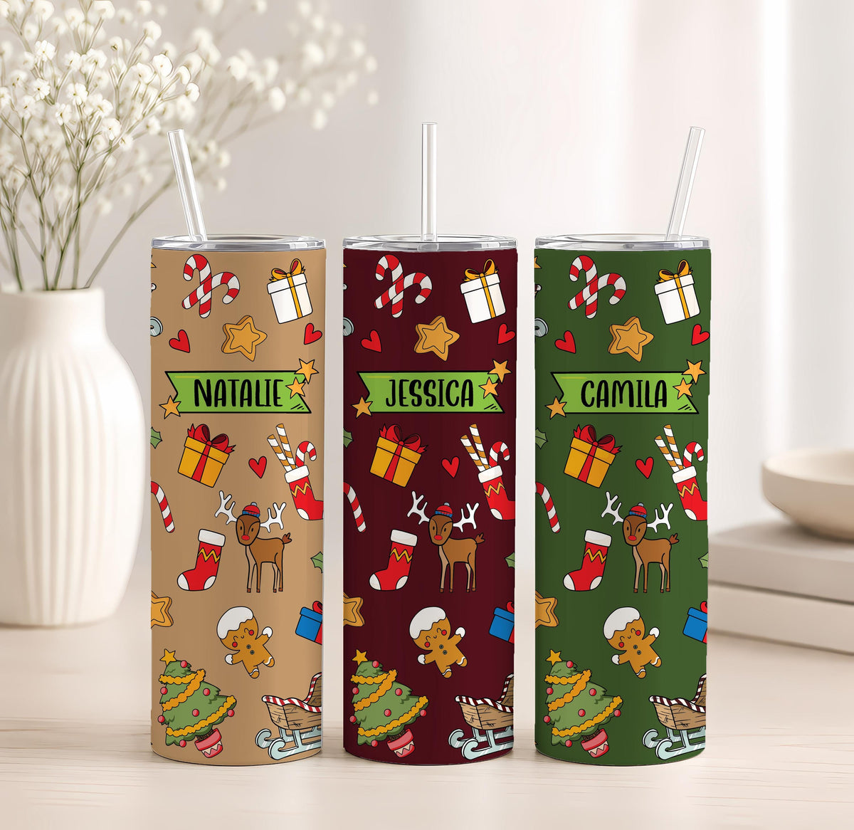 Personalized Christmas Tumbler, Custom Name Insulated Steel Cup with Straw