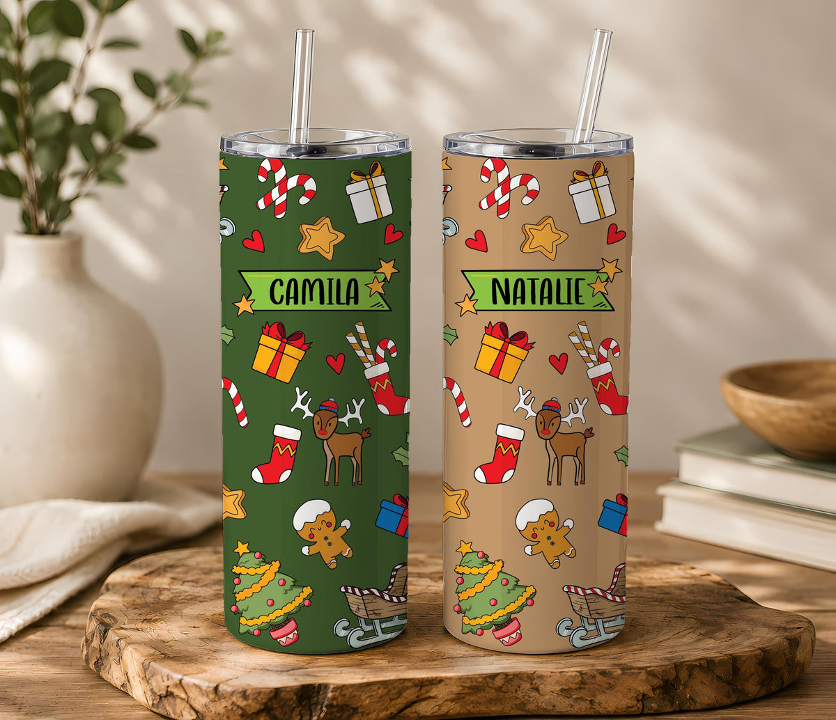 Personalized Christmas Tumbler, Custom Name Insulated Steel Cup with Straw