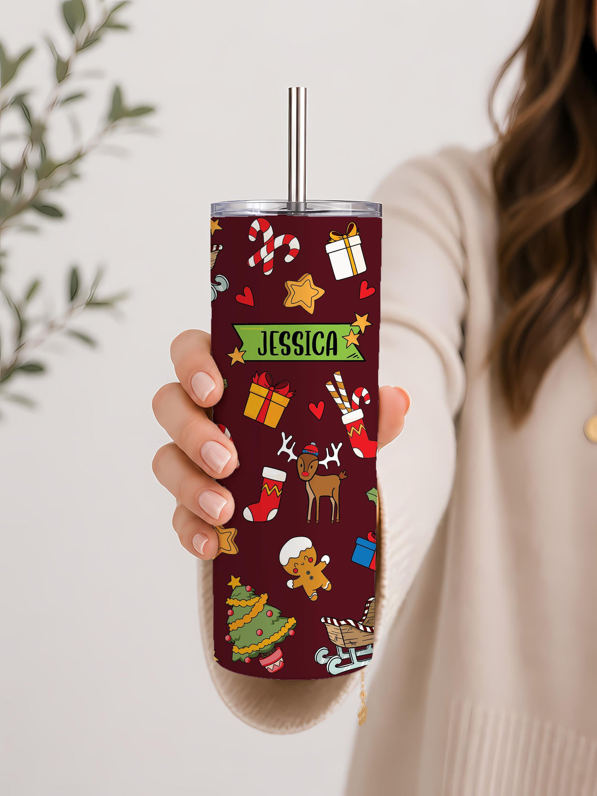 Personalized Christmas Tumbler, Custom Name Insulated Steel Cup with Straw