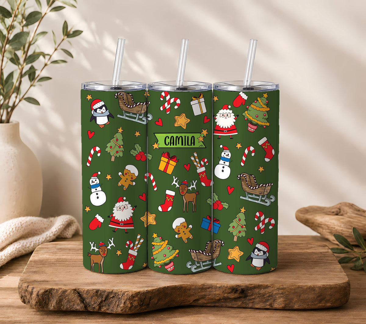 Personalized Christmas Tumbler, Custom Name Insulated Steel Cup with Straw