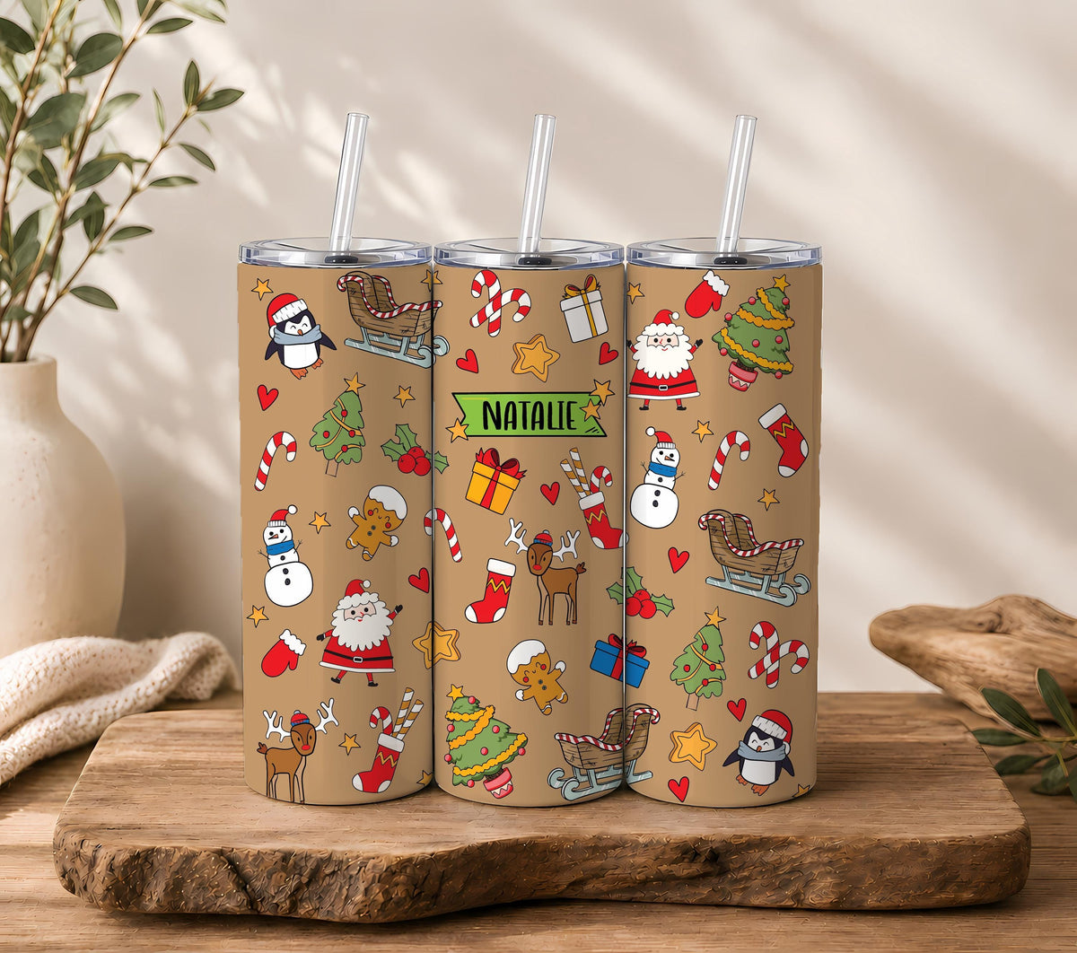 Personalized Christmas Tumbler, Custom Name Insulated Steel Cup with Straw