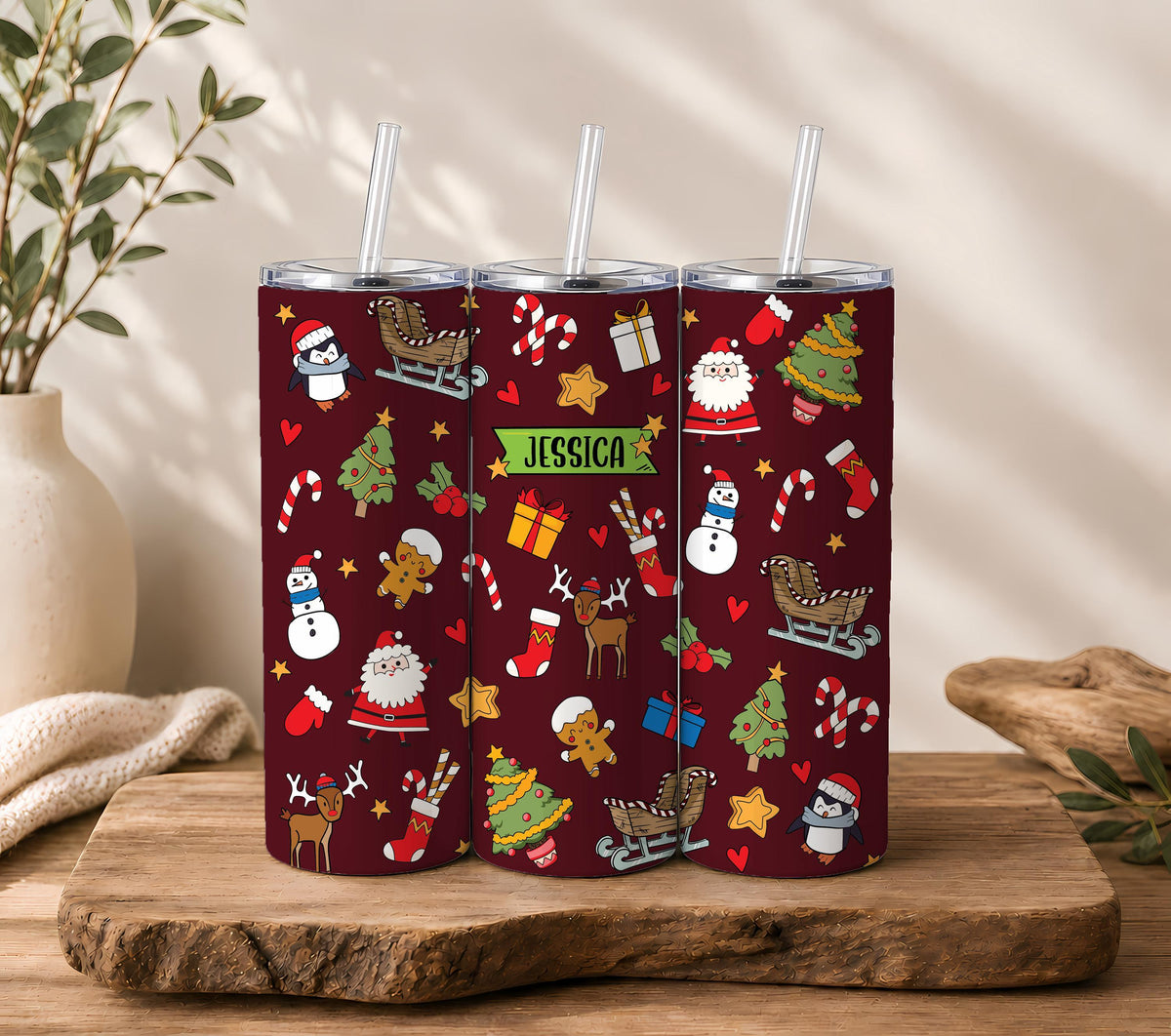 Personalized Christmas Tumbler, Custom Name Insulated Steel Cup with Straw