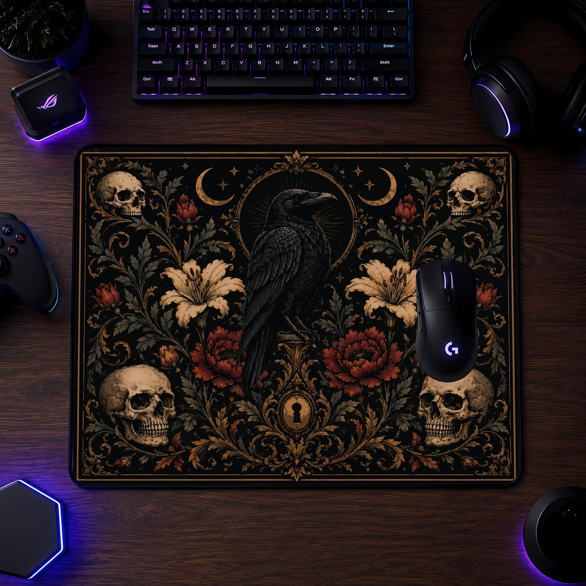 Gothic Raven Skull Floral Desk Mat, Witchy Office Decor, Spooky Workspace Accessory