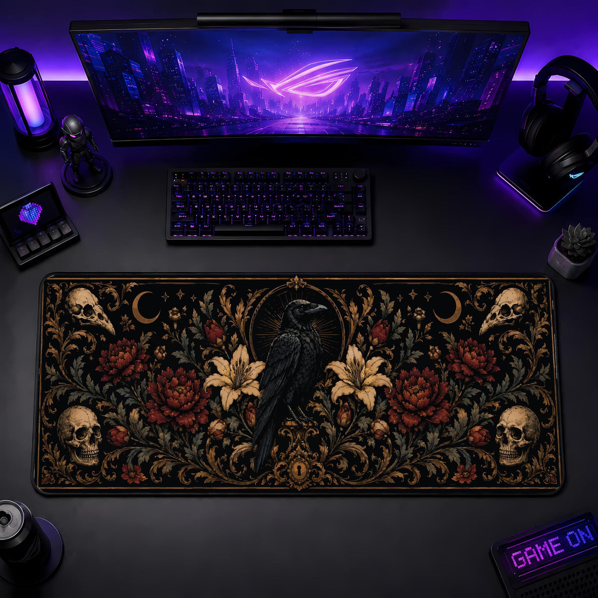 Gothic Raven Skull Floral Desk Mat, Witchy Office Decor, Spooky Workspace Accessory