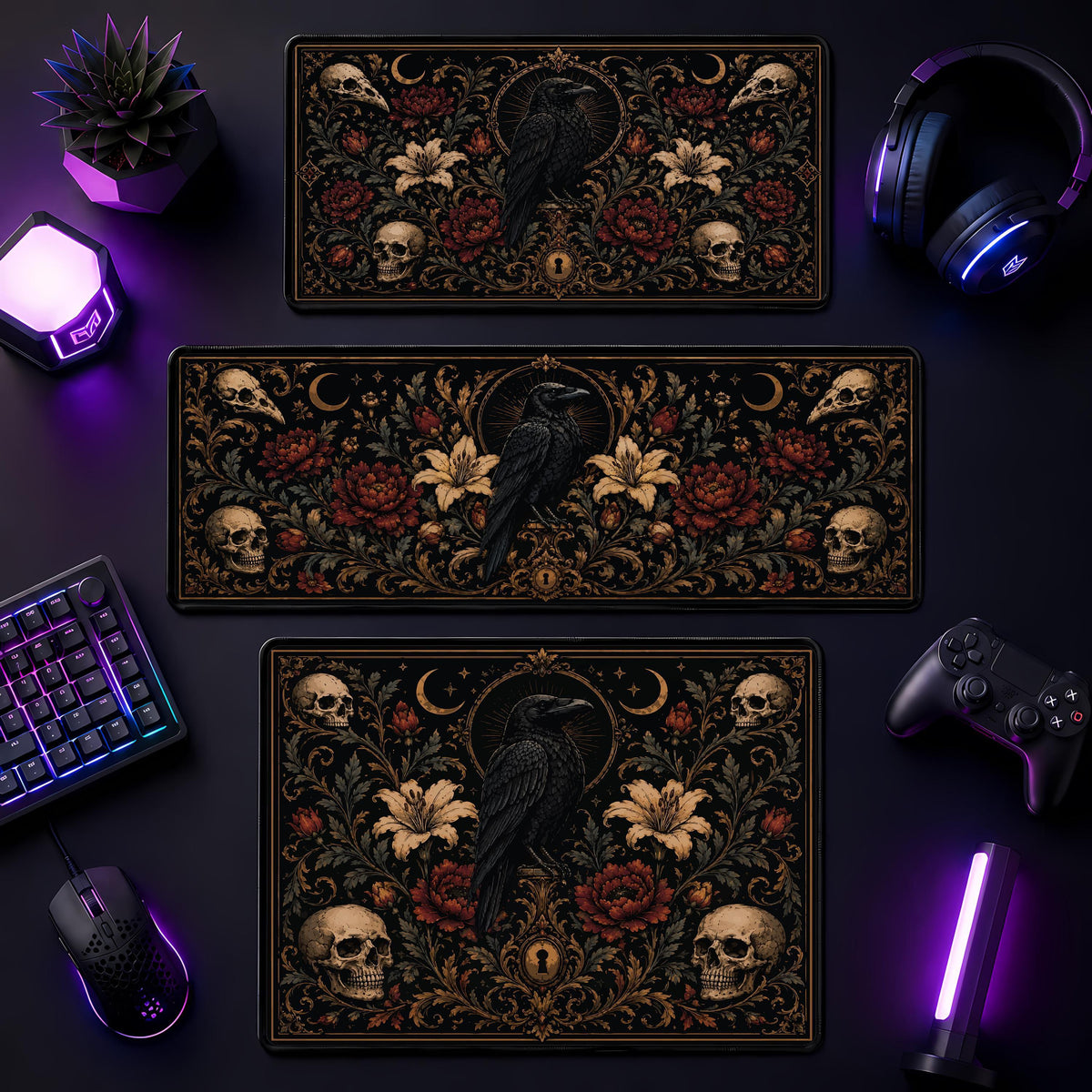 Gothic Raven Skull Floral Desk Mat, Witchy Office Decor, Spooky Workspace Accessory