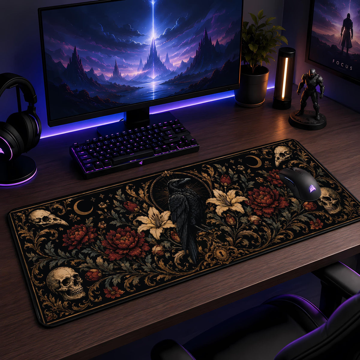 Gothic Raven Skull Floral Desk Mat, Witchy Office Decor, Spooky Workspace Accessory
