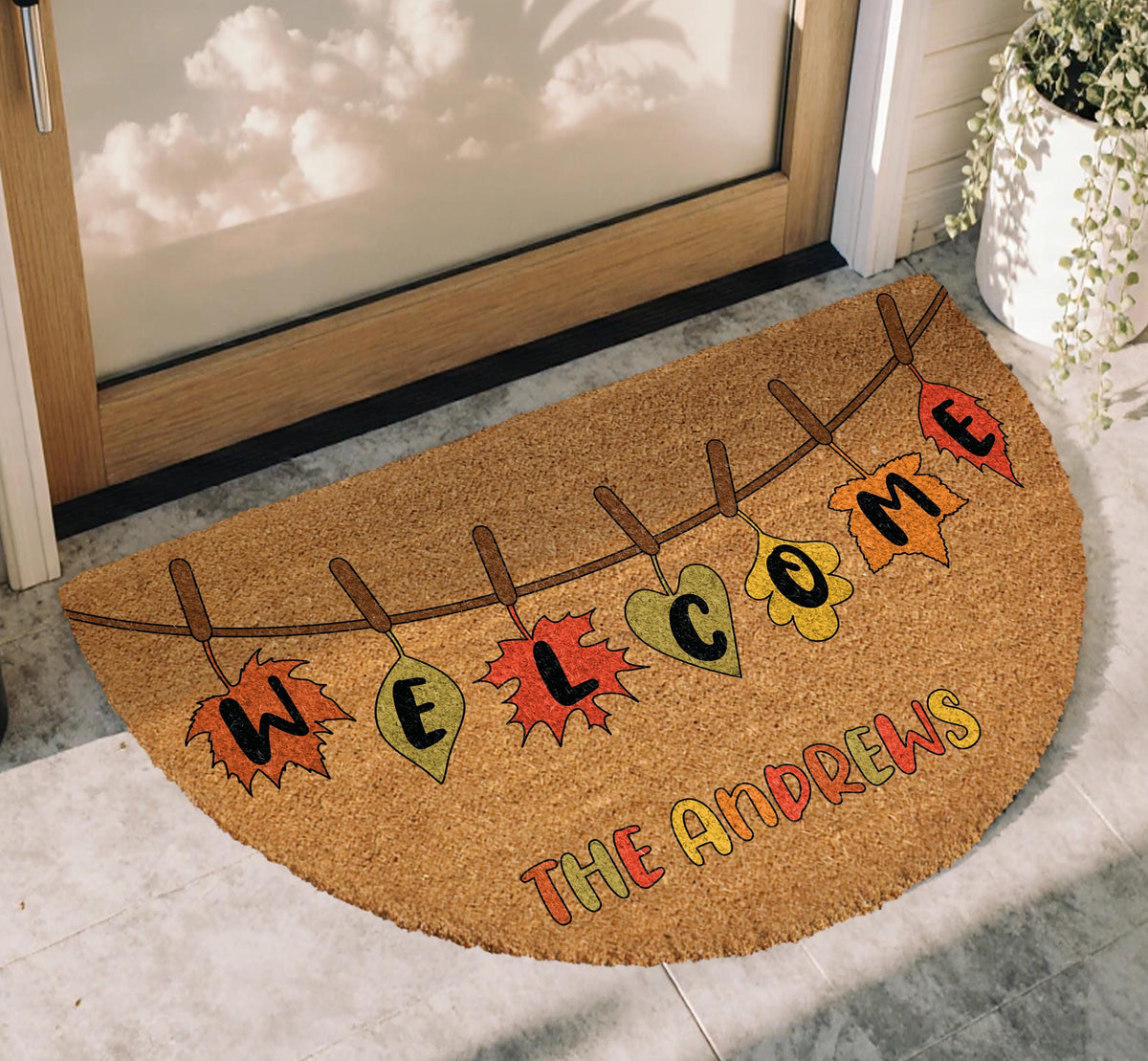 Custom Family Name Autumn Leaves Welcome Mat, Personalized Cozy Fall Half Moon Doormat