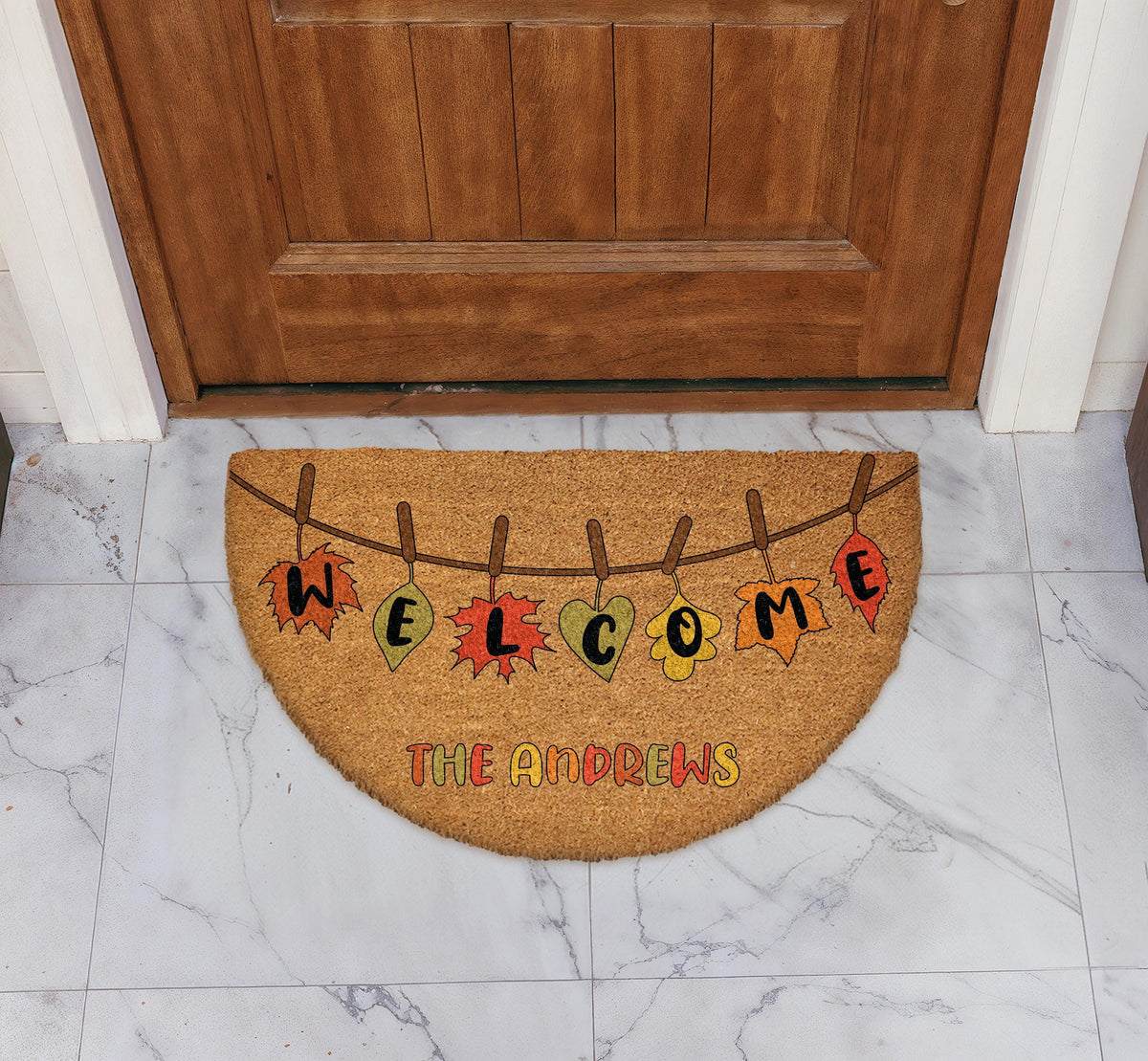 Custom Family Name Autumn Leaves Welcome Mat, Personalized Cozy Fall Half Moon Doormat