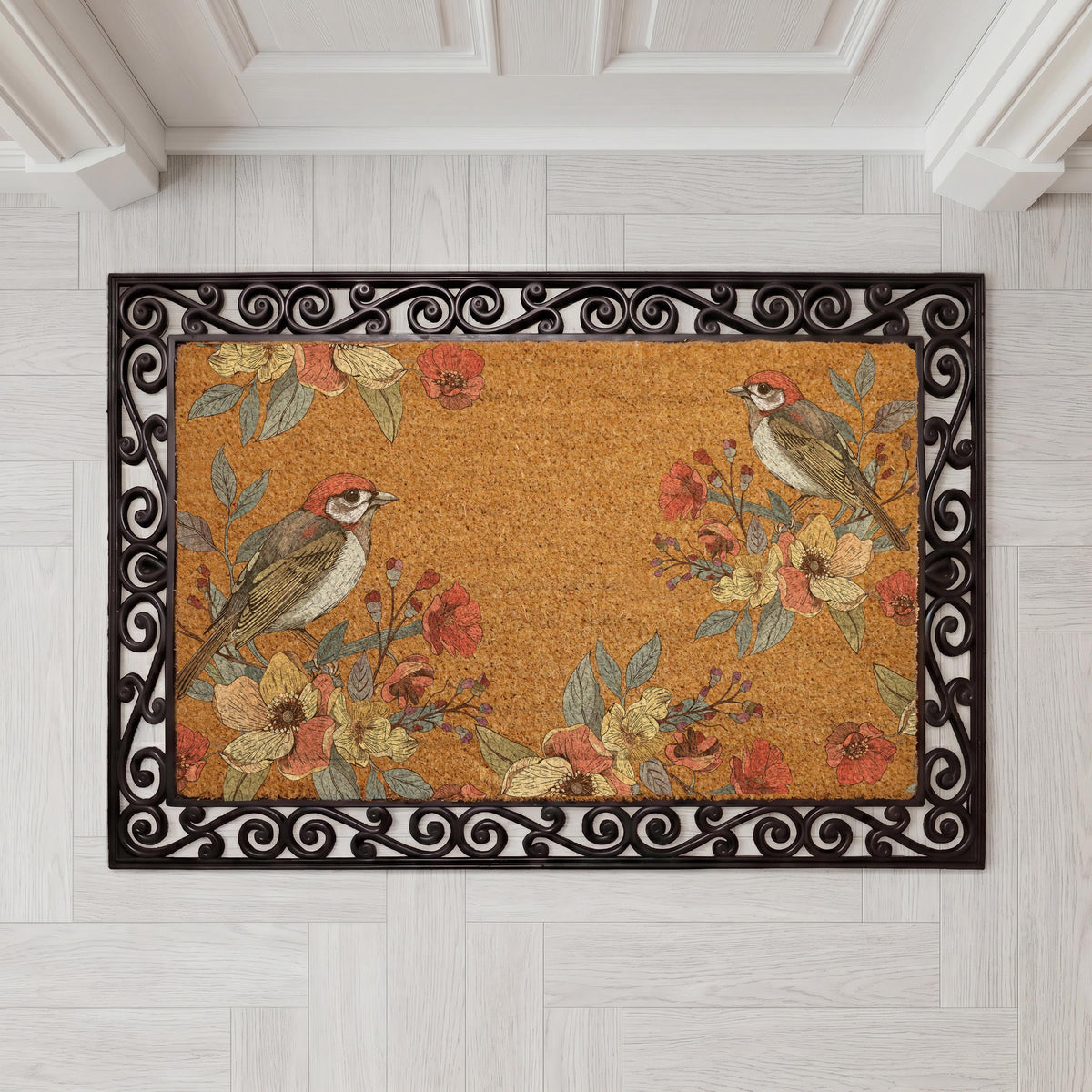 Personalized Floral Bird Door Mat, Botanical Coir Welcome Mat
