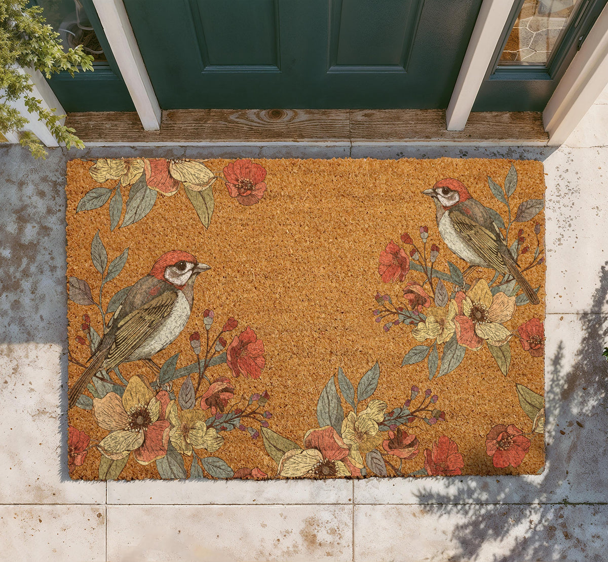 Personalized Floral Bird Door Mat, Botanical Coir Welcome Mat