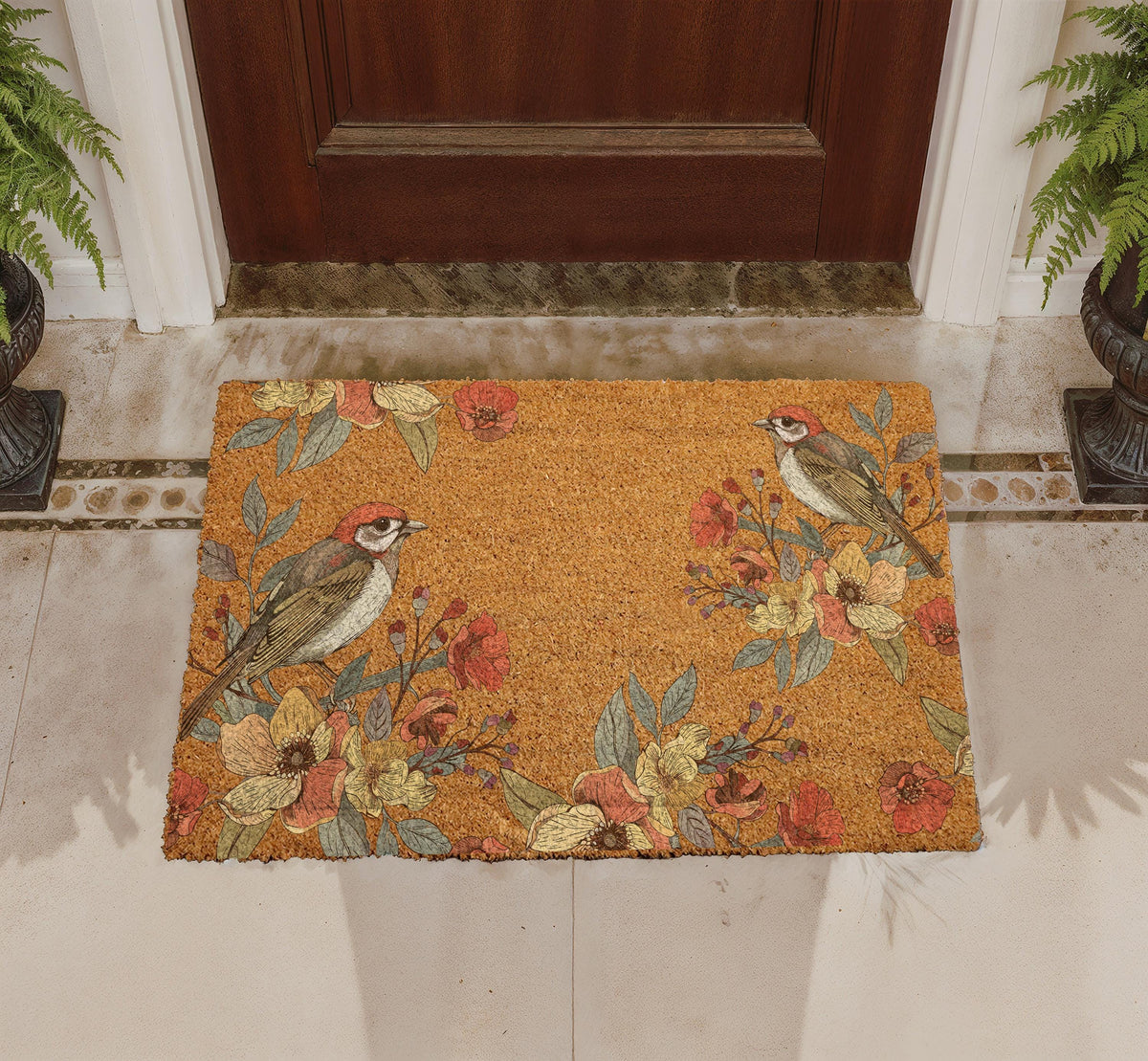 Personalized Floral Bird Door Mat, Botanical Coir Welcome Mat