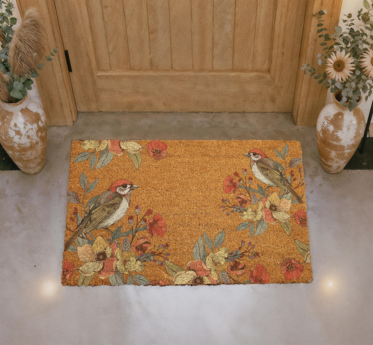 Personalized Floral Bird Door Mat, Botanical Coir Welcome Mat