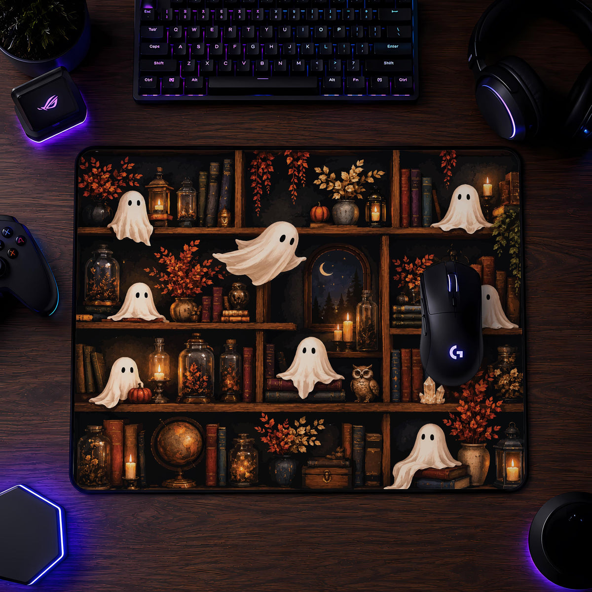 Ghost Bookshelf Desk Mat, Cozy Halloween Mouse Pad, Spooky Fall Office Decor