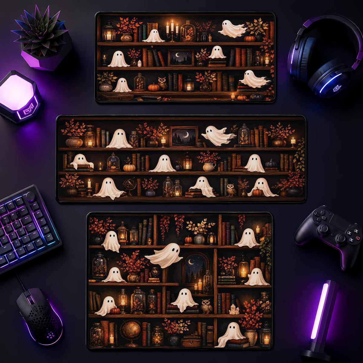 Ghost Bookshelf Desk Mat, Cozy Halloween Mouse Pad, Spooky Fall Office Decor