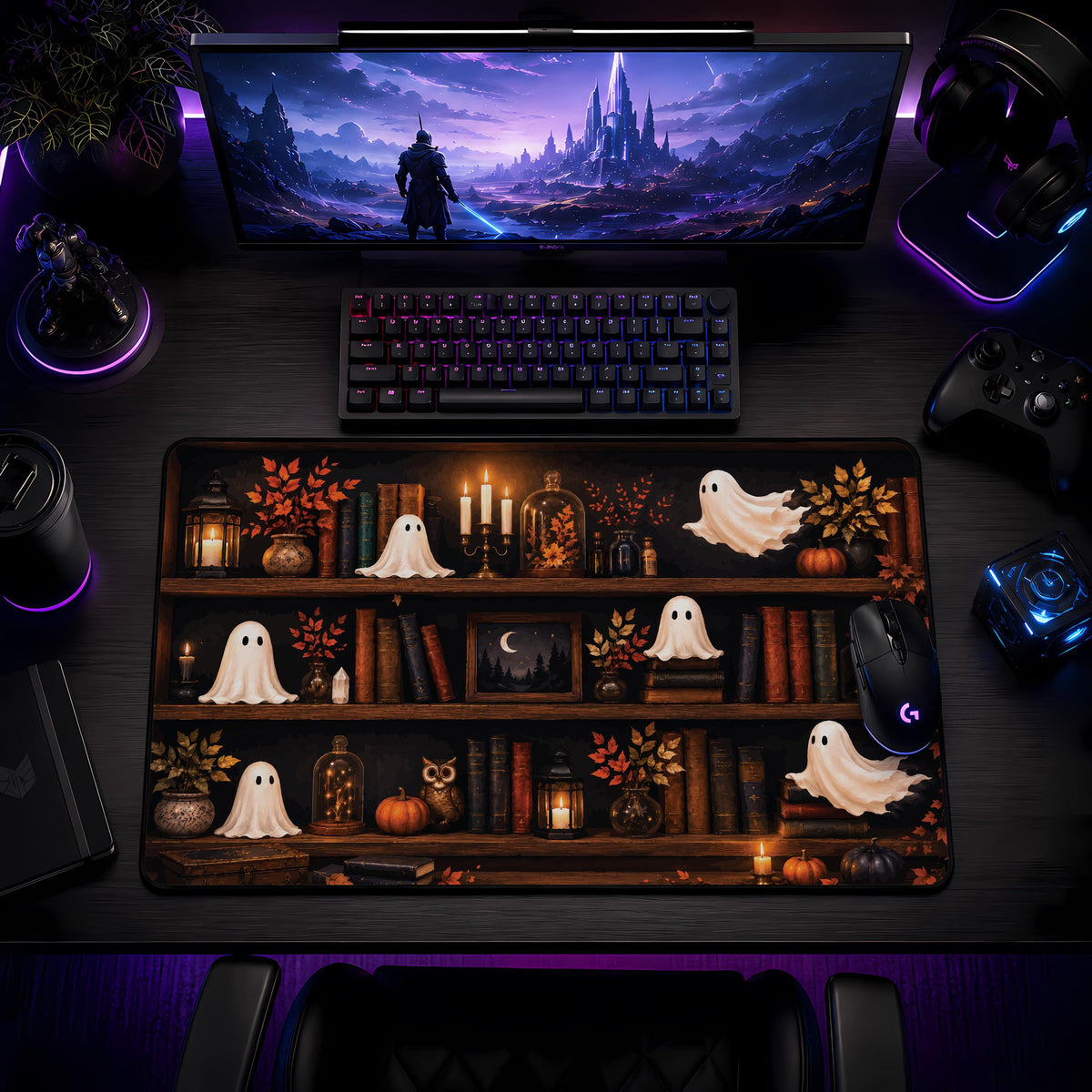 Ghost Bookshelf Desk Mat, Cozy Halloween Mouse Pad, Spooky Fall Office Decor