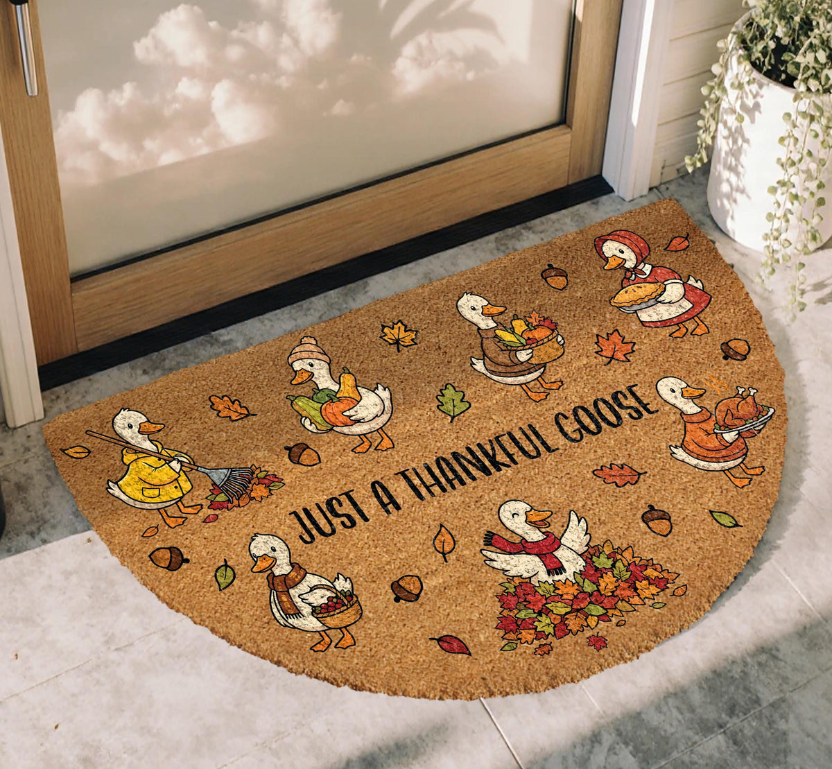 Just a Thankful Goose Fall Doormat, Cute Half Round Thanksgiving Welcome Mat