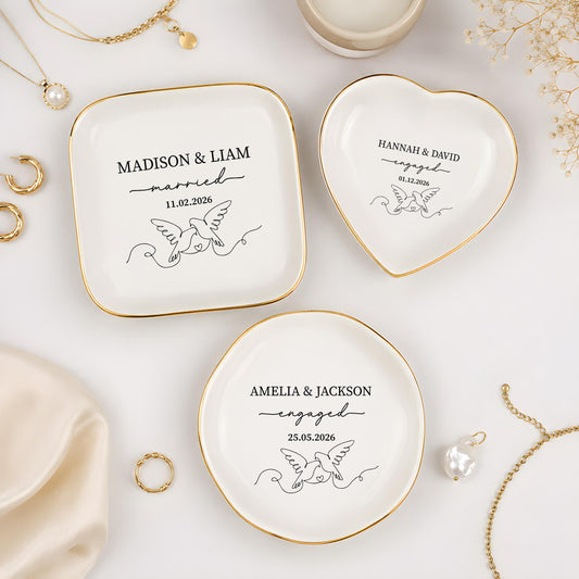 Custom Name Dove Line Art Ceramic Trinket Tray, Personalized Ring Bearer Jewelry Dish with Date