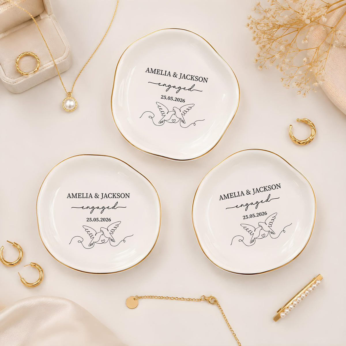 Custom Name Dove Line Art Ceramic Trinket Tray, Personalized Ring Bearer Jewelry Dish with Date