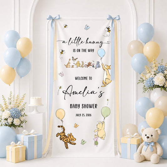 Personalized Baby Shower Welcome Banner, Winnie the Pooh Theme, Neutral Floral Decor