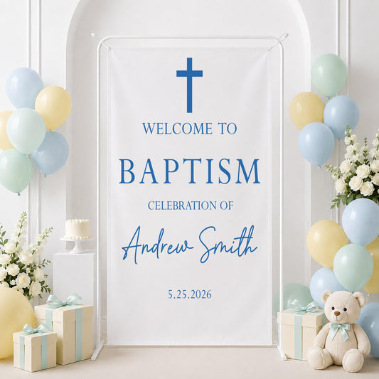 Custom Baptism Banner, Blue Pink Celebration Backdrop Sign, Welcome Display