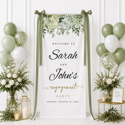 Custom Engagement Party Welcome Sign, Sage Green Floral Banner, Personalized Entrance Decor