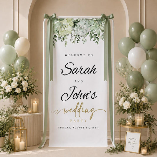 Custom Wedding Party Welcome Banner, Sage Green Floral Backdrop Sign