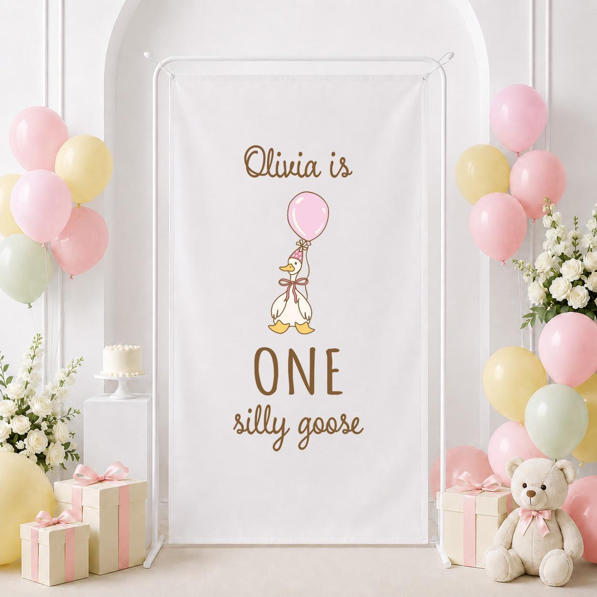 Custom 1st Birthday Girl Banner: Girls First Birthday ONE Goose Welcome Sign