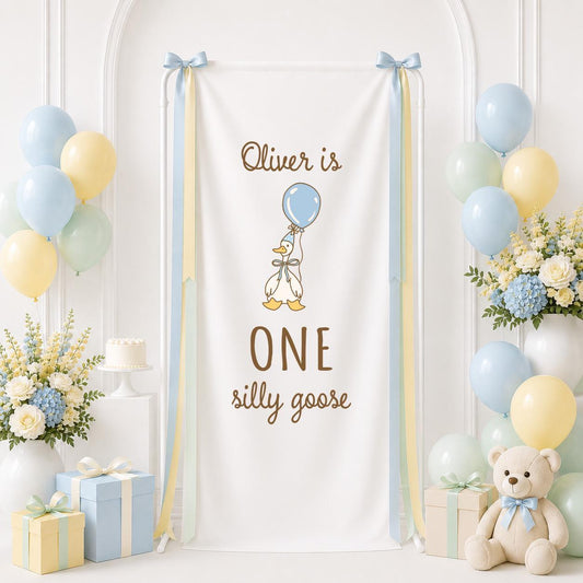 Custom 1st Birthday Boy Banner: Boys First Birthday ONE Goose Welcome Party Sign
