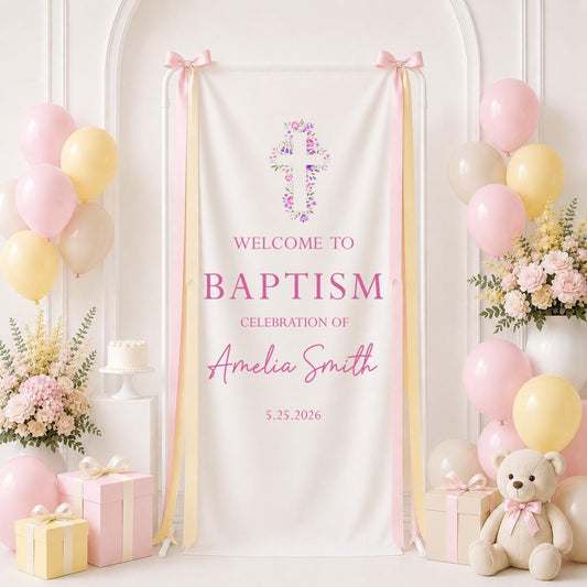 Custom Pink Baptism Banner, Girl Celebration Backdrop Sign, Personalized Vinyl Display