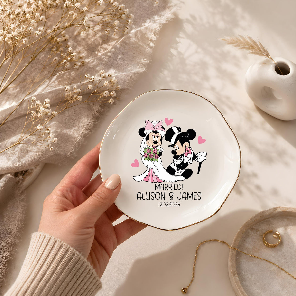 Personalized Cartoon Bride Groom Trinket Tray, Monogrammed Jewelry Plate