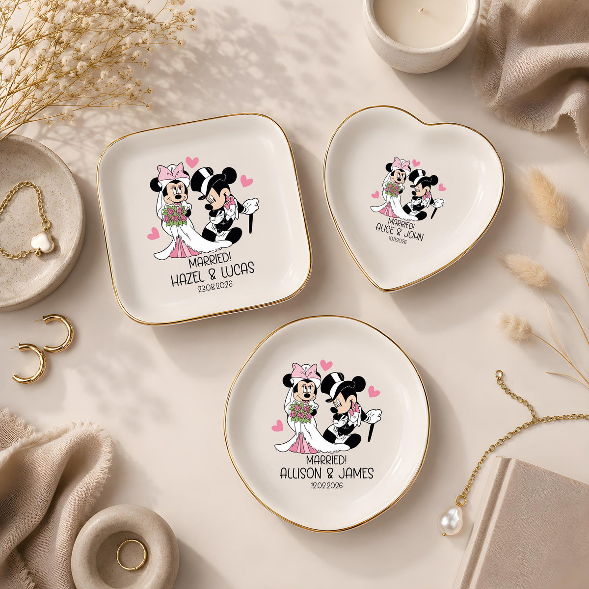 Personalized Cartoon Bride Groom Trinket Tray, Monogrammed Jewelry Plate