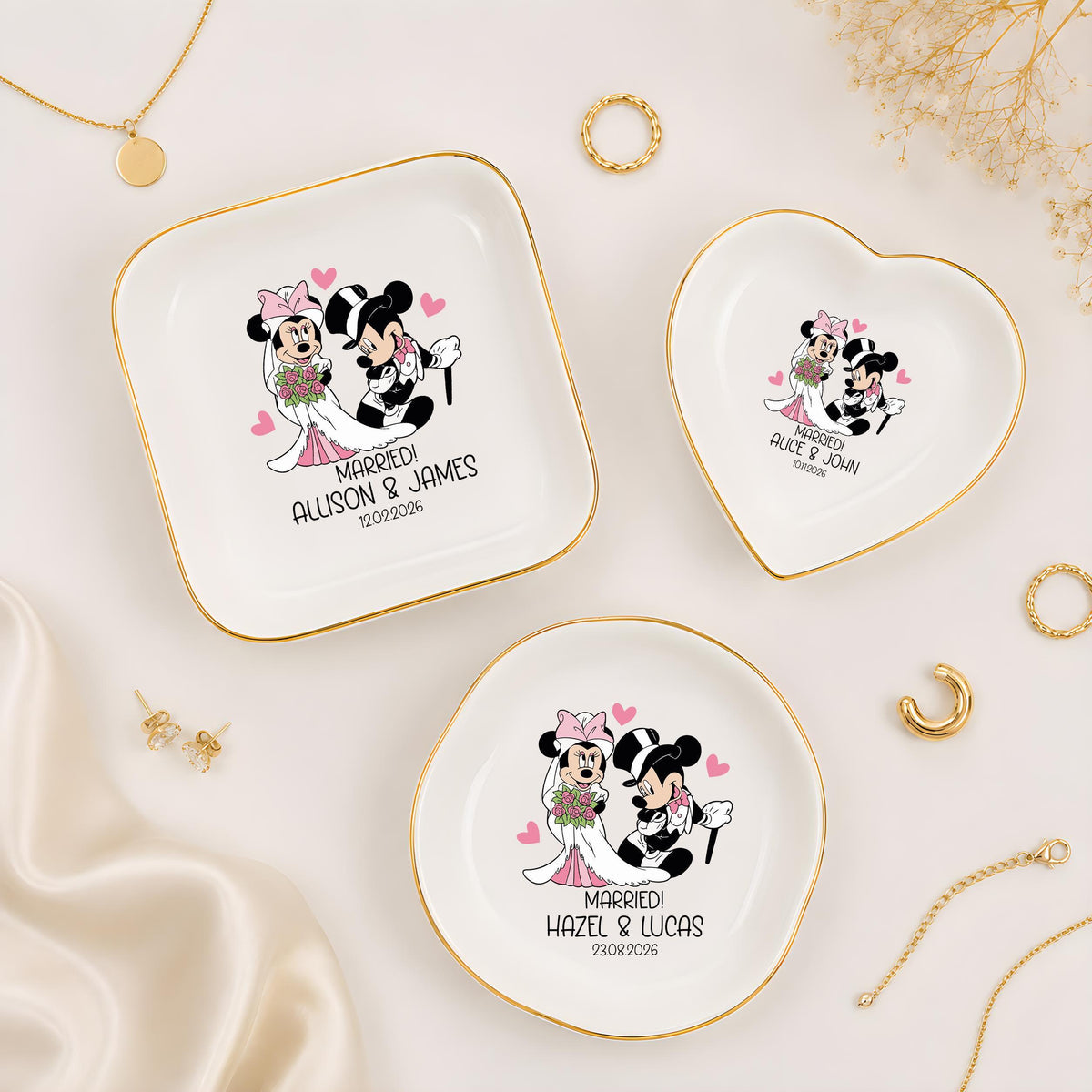 Personalized Cartoon Bride Groom Trinket Tray, Monogrammed Jewelry Plate
