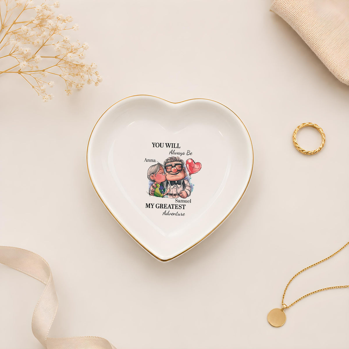 Custom Name Greatest Adventure Quote Ceramic Jewelry Tray, Personalized Romantic Trinket Dish