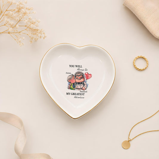 Custom Name Greatest Adventure Quote Ceramic Jewelry Tray, Personalized Romantic Trinket Dish