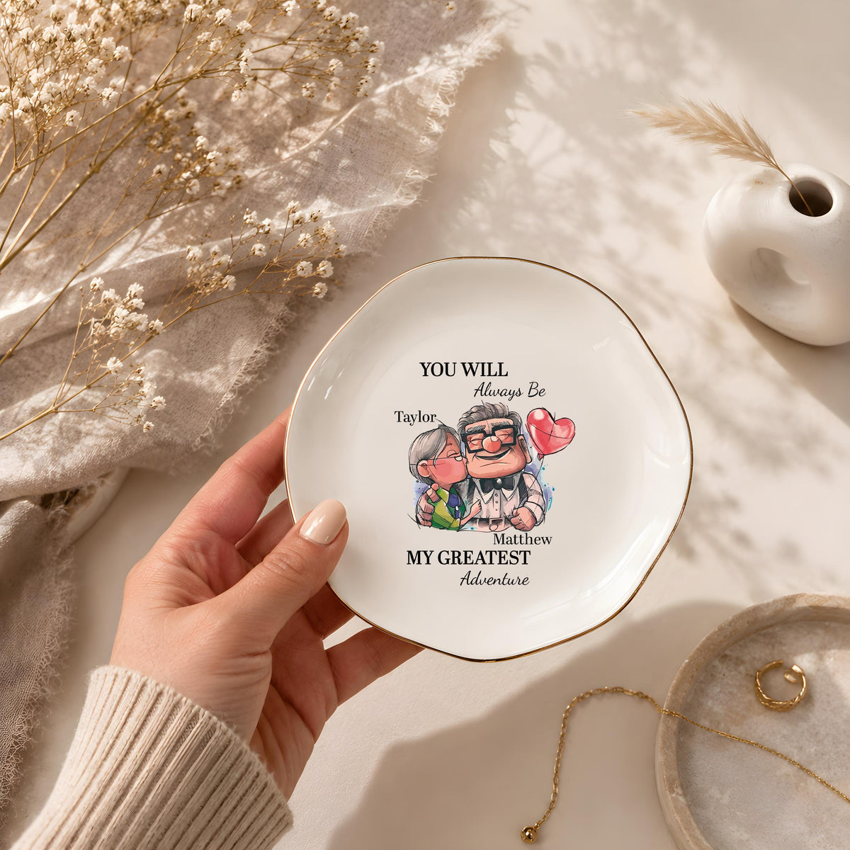 Custom Name Greatest Adventure Quote Ceramic Jewelry Tray, Personalized Romantic Trinket Dish