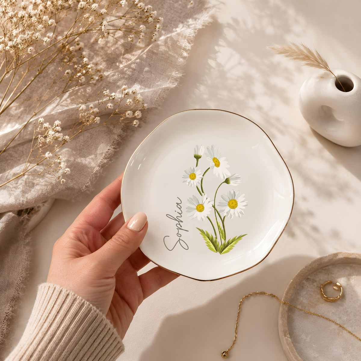 Personalized Floral Botanical Jewelry Holder Dish