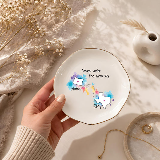 Personalized Long Distance States Jewelry Dish, Always Under the Same Sky Ring Holder Plate