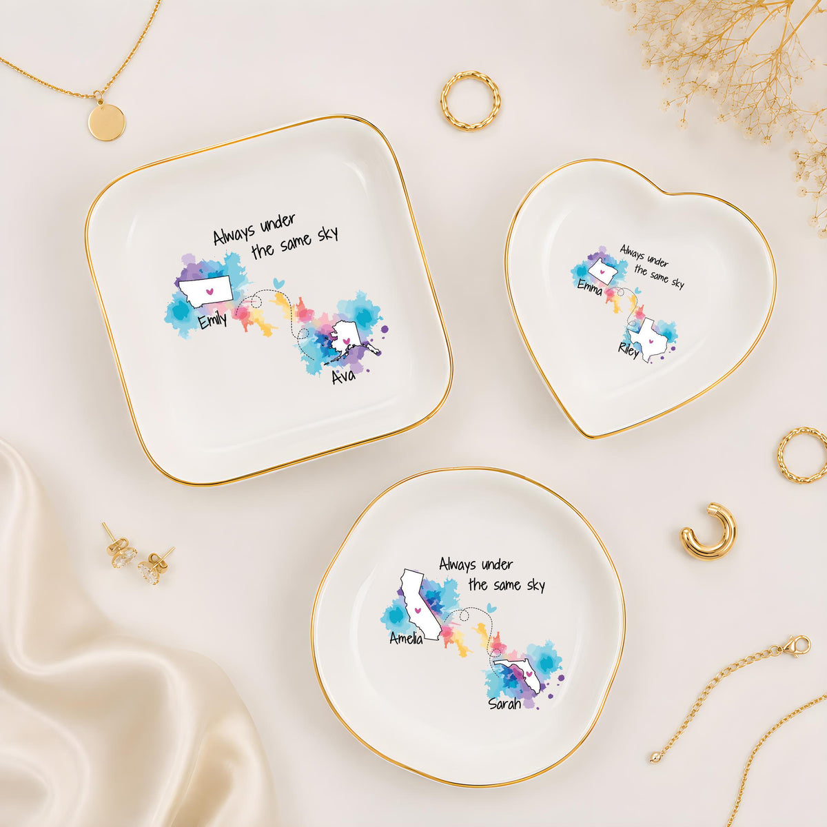 Personalized Long Distance States Jewelry Dish, Always Under the Same Sky Ring Holder Plate
