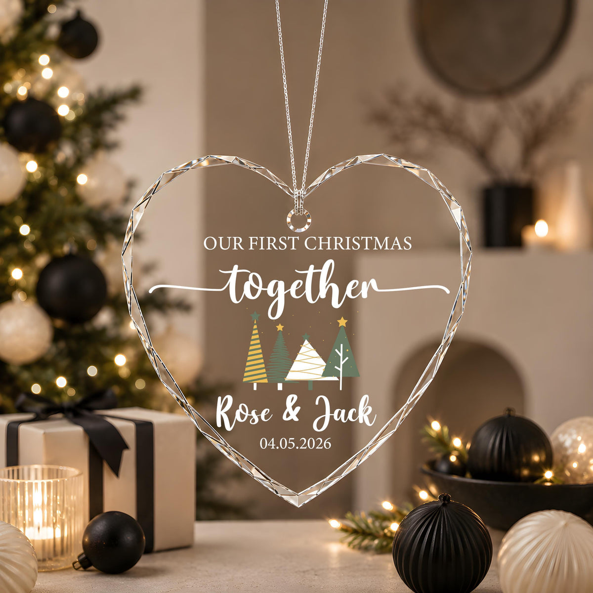 Custom Name & Date Our First Christmas Ornament, New Year Newlyweds Crystal Glass Keepsake