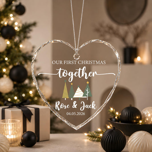 Custom Name & Date Our First Christmas Ornament, New Year Newlyweds Crystal Glass Keepsake