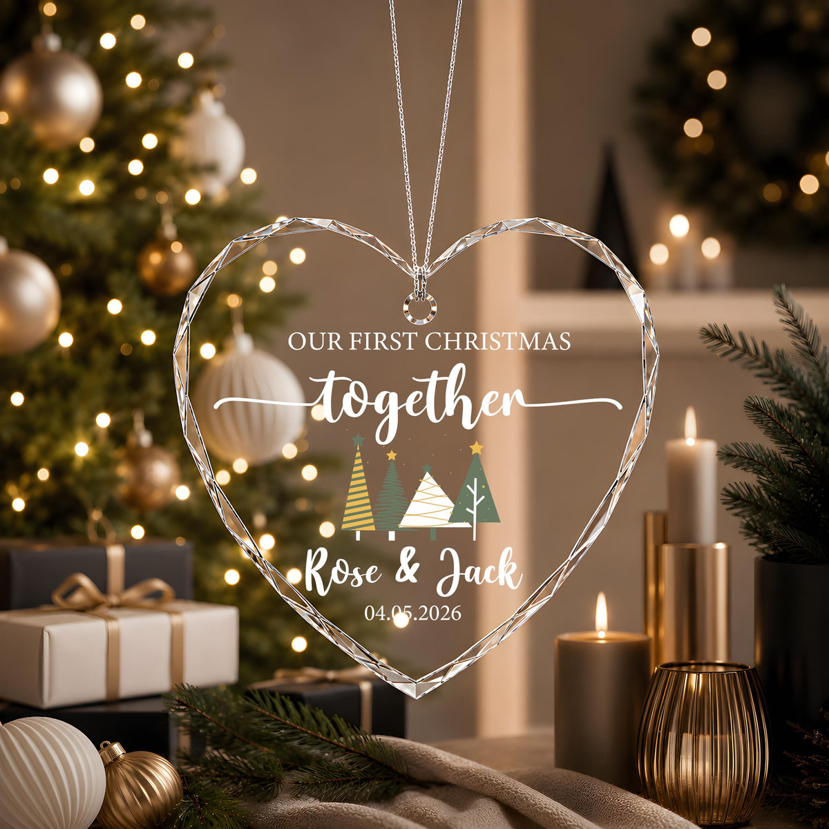 Custom Name & Date Our First Christmas Ornament, New Year Newlyweds Crystal Glass Keepsake