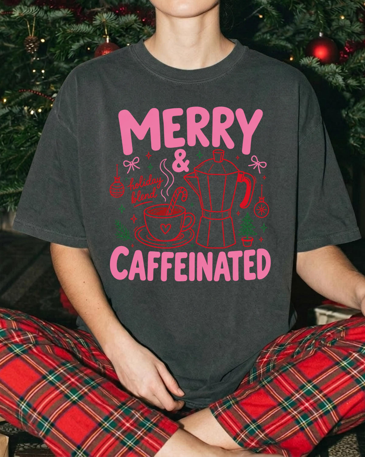 Merry Christmas Comfort Colors® T-shirt, Merry and Caffeinated Tee, Coffee Lover Holiday Gift
