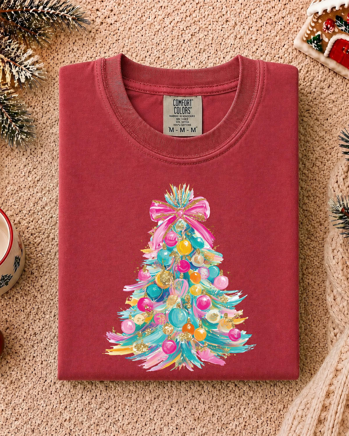 Preppy Christmas Tree Comfort Colors® T-Shirt, Colorful Coquette Bow Xmas Tee, Women Holiday Gift